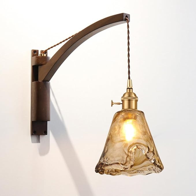 Glass Wall Sconces, Wood Swing Arm Wall Lamp with Switch, Hardwired Indoor Vintage Wall Mounted L... | Amazon (US)