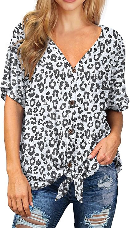 IWOLLENCE Womens Waffle Knit Tunic Blouse Tie Knot Short Sleeve Henley Tops Loose Fitting Bat Win... | Amazon (US)