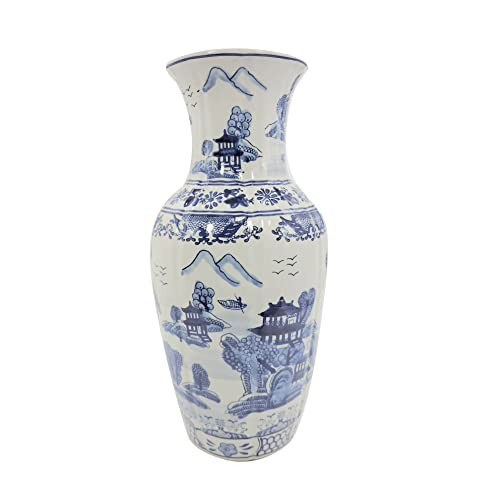 Galt International 18" Blue and White Fishtail Style Ceramic Porcelain Vase Classic Temple Landscape Design | Amazon (US)
