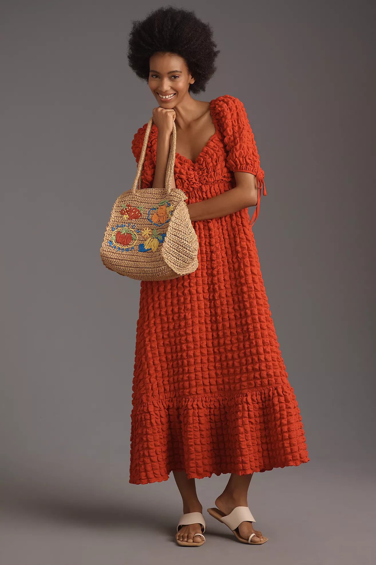 Endless Rose Puff-Sleeve Sweetheart Textured Midi Dress | Anthropologie (US)