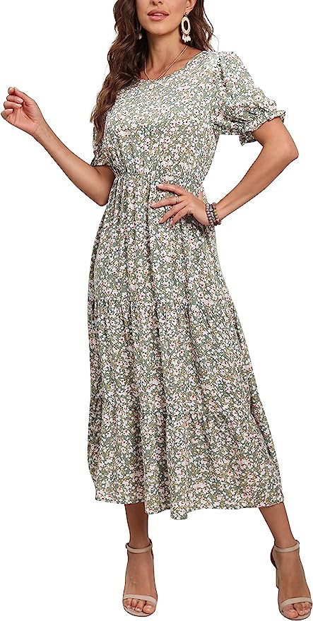 GRECERELLE Women's Summer Casual Loose Crewneck Boho Dress Ruffle Puff Sleeve High Waist Midi Bea... | Amazon (US)