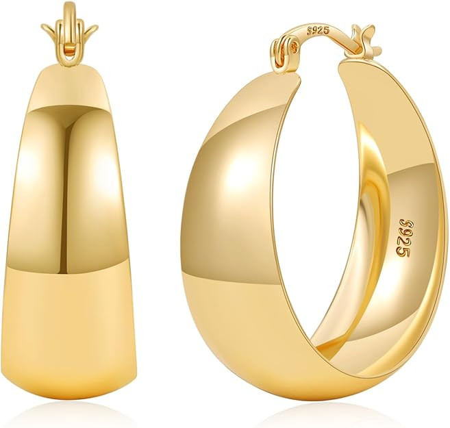 EXGOX Gold Hoop Earrings for Women Sterling Silver Post Hoops Earrings for Women Wide Thick Silve... | Amazon (US)