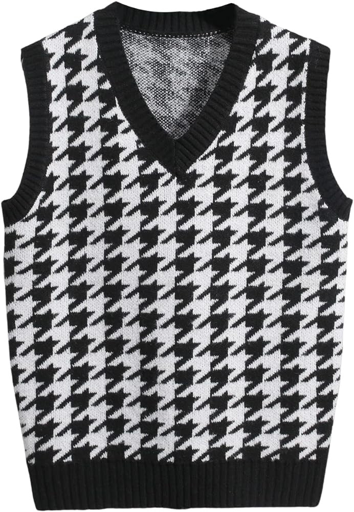 Milumia Men's Houndstooth Sweater Vest Sleeveless V Neck Casual Rib Knit Top | Amazon (US)