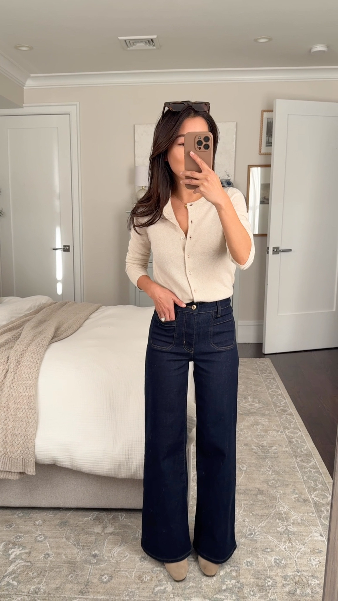 Anthropologie sale! They have a good selection of designer jeans in petite sizing- linked some others with good ratings 

• trying FRAME palazzo high rise wide leg jeans 24 petite, has stretch and slender wide leg that is elongating

• Juliet lightweight cashmere cardigan sweater XXS, petite friendly, slightly shrunken in fit 
 
Outfit with jeans, smart casual workwear, petite friendly wide leg jeans, classic cardigan sweaters 

#LTKootd #LTKPetite #LTKWorkwear