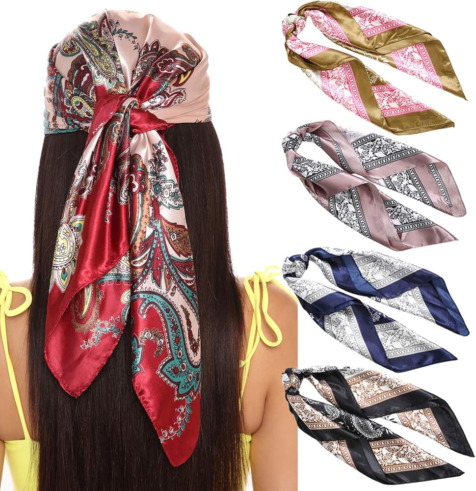 35 Inches Women Head Scarf Hair Bandanas - 4PCS Square Satin Head Scarves for Women Silk Like Hai... | Amazon (US)