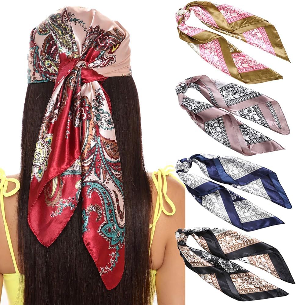 35 Inches Women Head Scarf Hair Bandanas - 4PCS Square Satin Head Scarves for Women Silk Like Hai... | Amazon (US)
