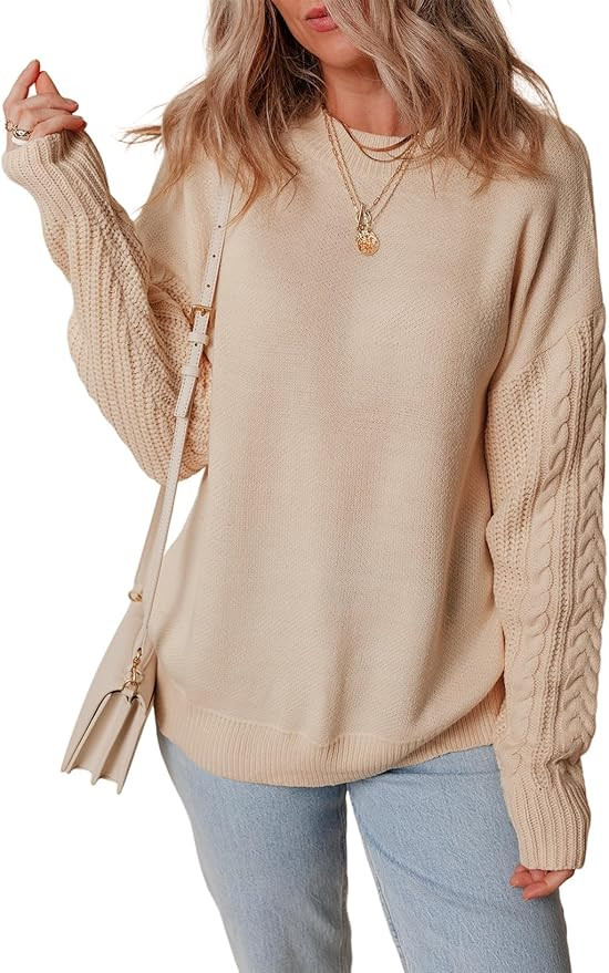 Dokotoo Womens Sweaters Casual Ribbed Crewneck Long Sleeve Solid Cable Knit Loose Fit Pullover Sw... | Amazon (US)