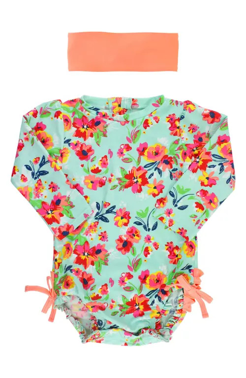 RuffleButts One-Piece Rashguard Swimsuit & Headband Set in White at Nordstrom, Size 18-24M | Nordstrom