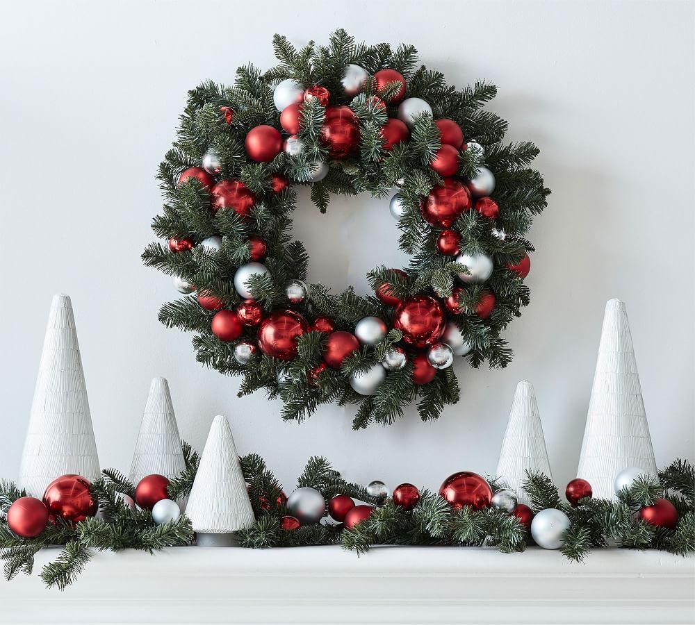 Faux Pine Ornament Wreath &amp; Garland - Red &amp; Silver | Pottery Barn (US)