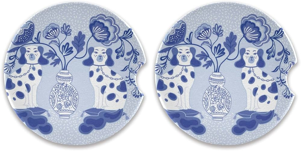 susiyo Absorbent Car Coasters 2-Pack, Staffordshire Dogs in Chinoiserie Style Blue and White Porc... | Amazon (US)