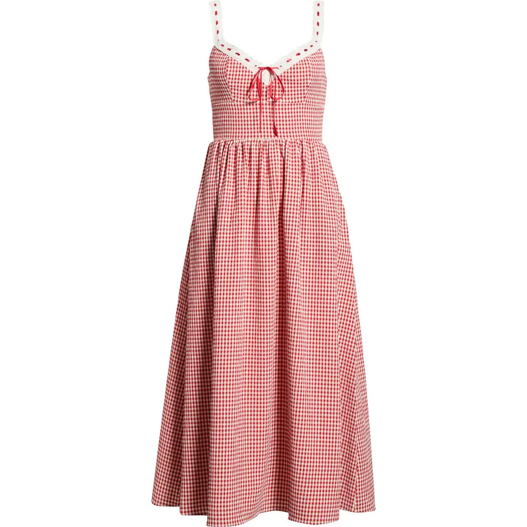 WAYF Lilibet Gingham Lace Trim Midi Dress in Red at Nordstrom, Size X-Small | Nordstrom