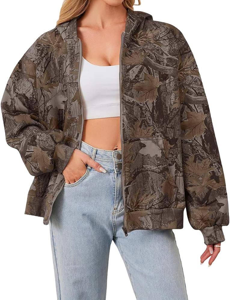 Women Camo Zip Up Oversized Fleece Hoodie Long Sleeve Maple Leaf Print Hooded Jacket Baggy Hoodie... | Amazon (US)