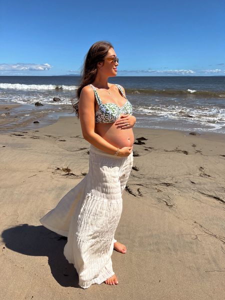 33 weeks pregnant. Went up 1 size to large in bikini. Wearing true size medium in pants. SUNNIES in color beige 

#LTKstyletip #LTKunder50 #LTKbump