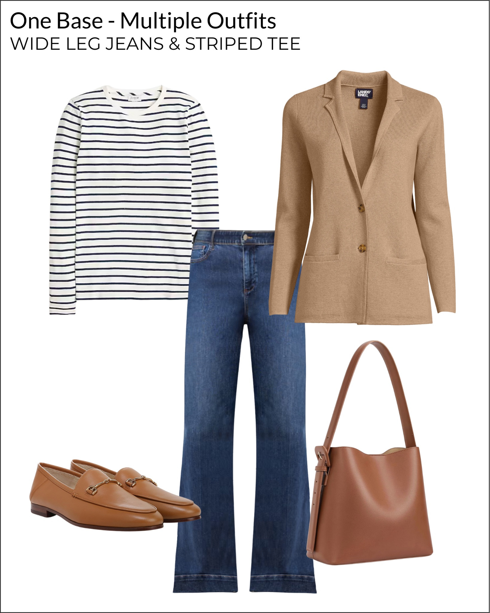1 Base, 10 Outfits: How To Style Wide Leg Jeans And A Striped Tee In Multiple Budget-Buy Outfits

Sweater blazer, loafers