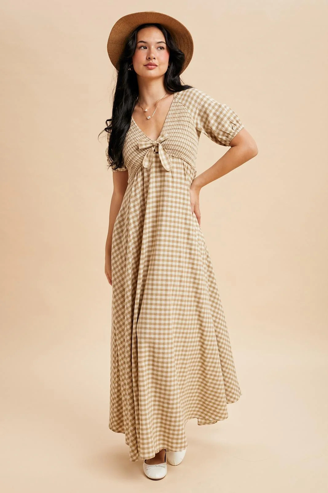 Beige Smocked Gingham Maxi Dress | PinkBlush Maternity