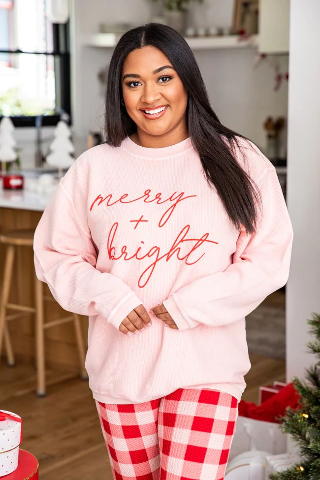 Merry & Bright Script Pink Corded Graphic Sweatshirt | Pink Lily