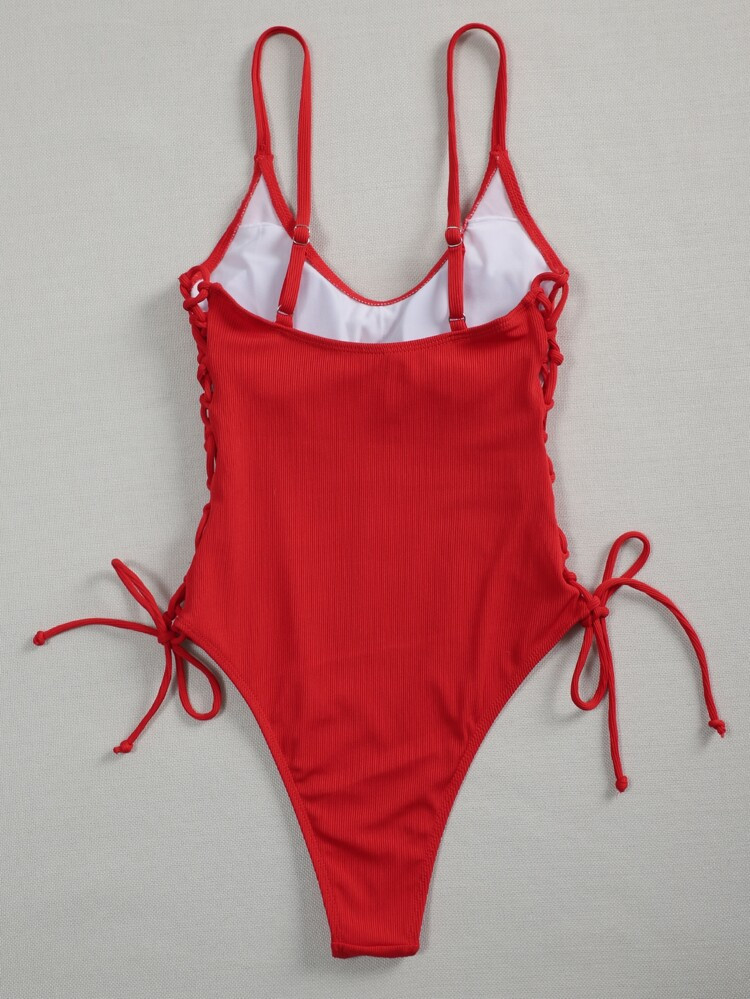 Rib Lace-up Side One Piece Swimsuit | SHEIN