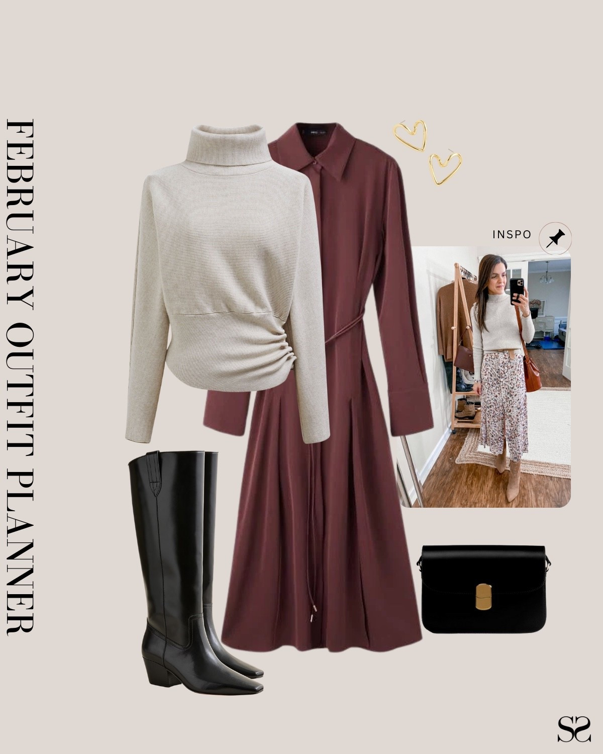 Monthly outfit planner FEBRUARY: Winter outfits | burgundy shirt dress, turtleneck sweater, knee high boots, crossbody bag 

#classicstyle #LTKstyletip #winteroutfit #casualchic #valentinesday


#LTKootd #LTKgrwm