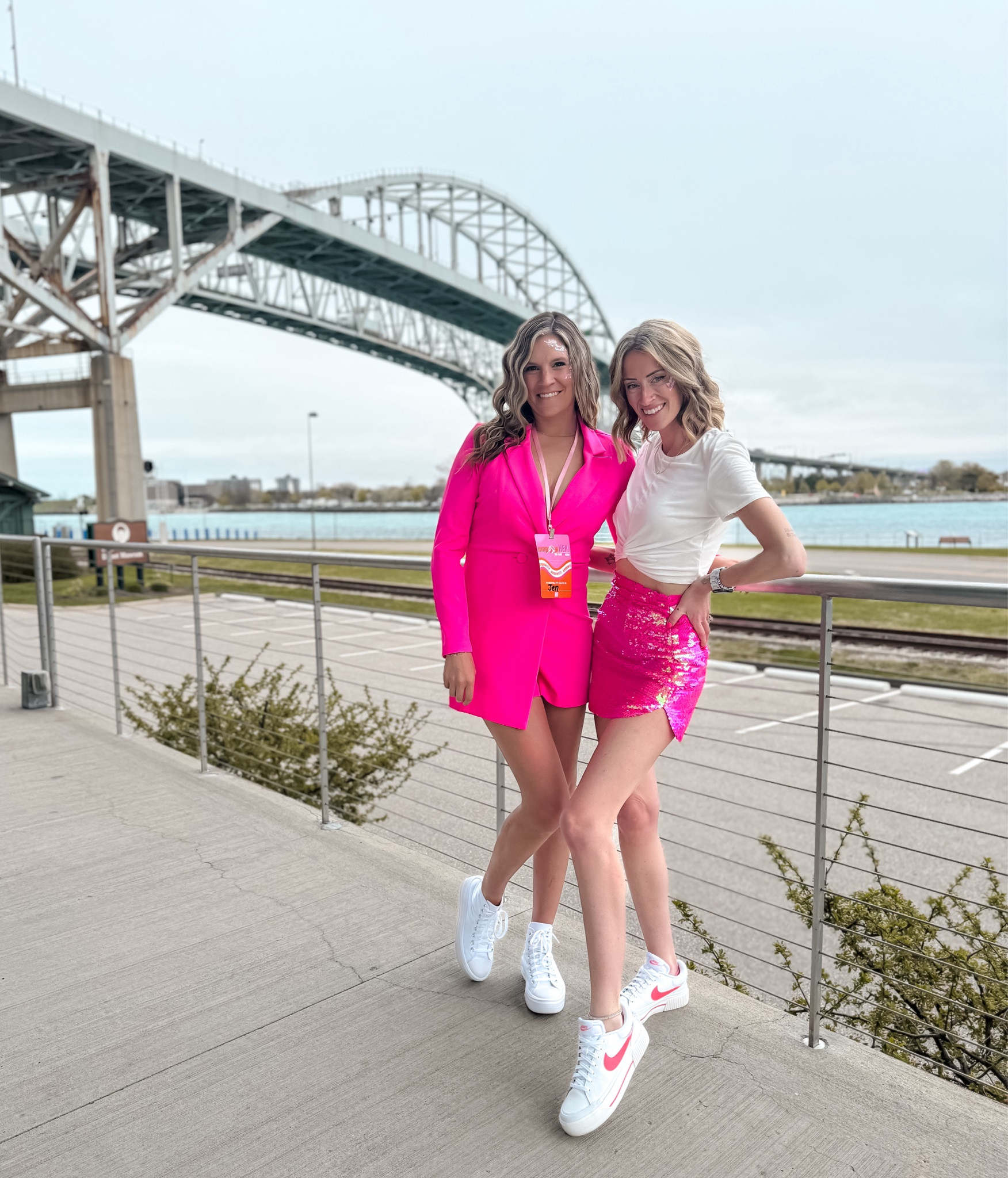 Pink sequin mini skirt for pink conference and bachelorette birthday party outfit ideas 
Nike platform court lift shoes 