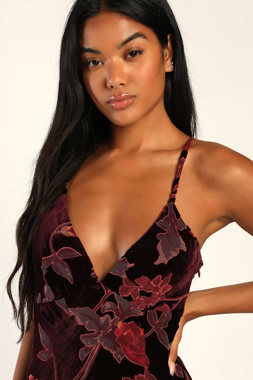 Divine Allure Burgundy Floral Burnout Velvet Midi Dress | Lulus