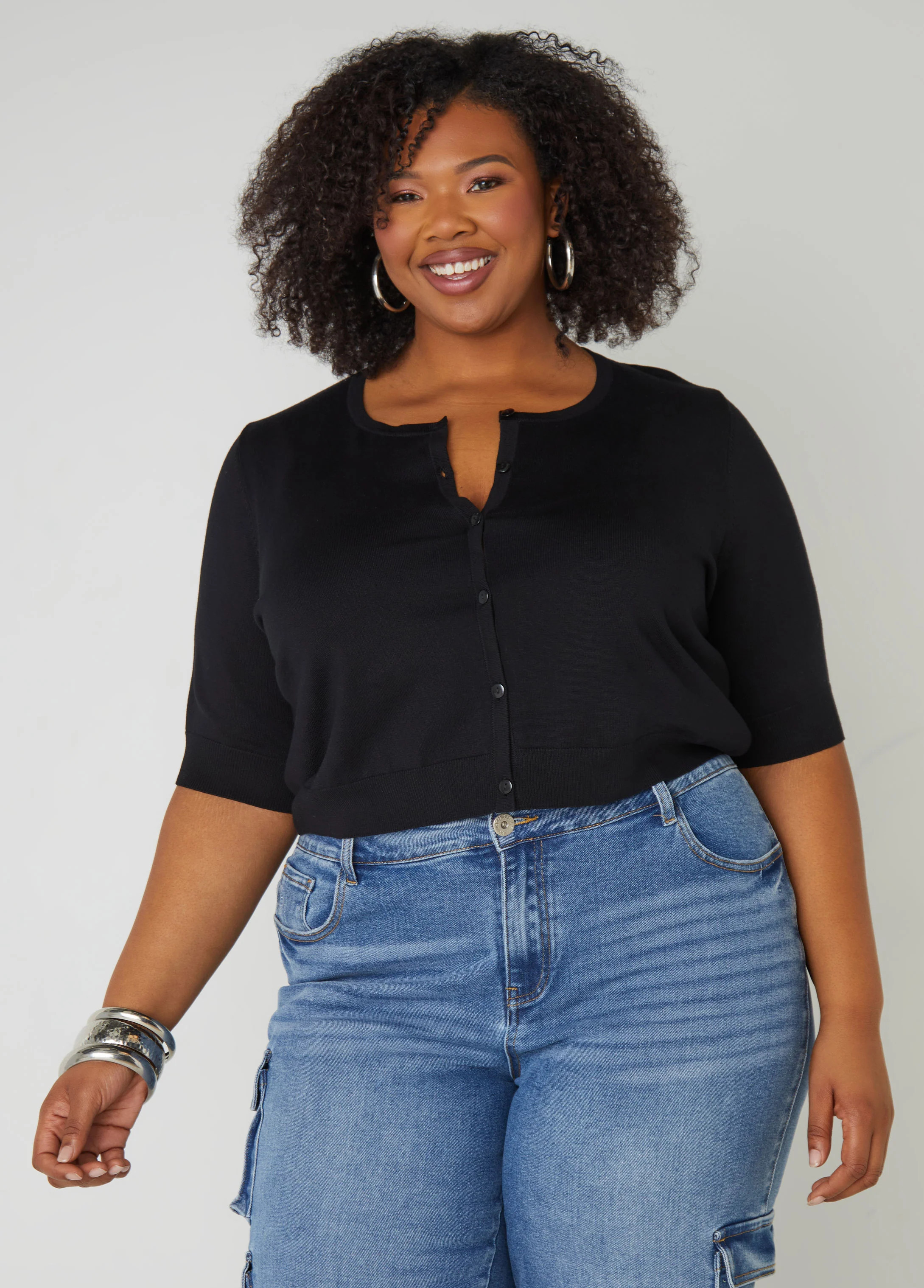 Plus Size Cropped Cardigan, Black, 26/28 - Ashley Stewart | Ashley Stewart