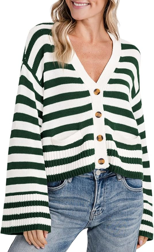 Saodimallsu Womens Striped Cardigan Sweaters Cropped Fall Button Open Front Long Sleeve Knit Swea... | Amazon (US)