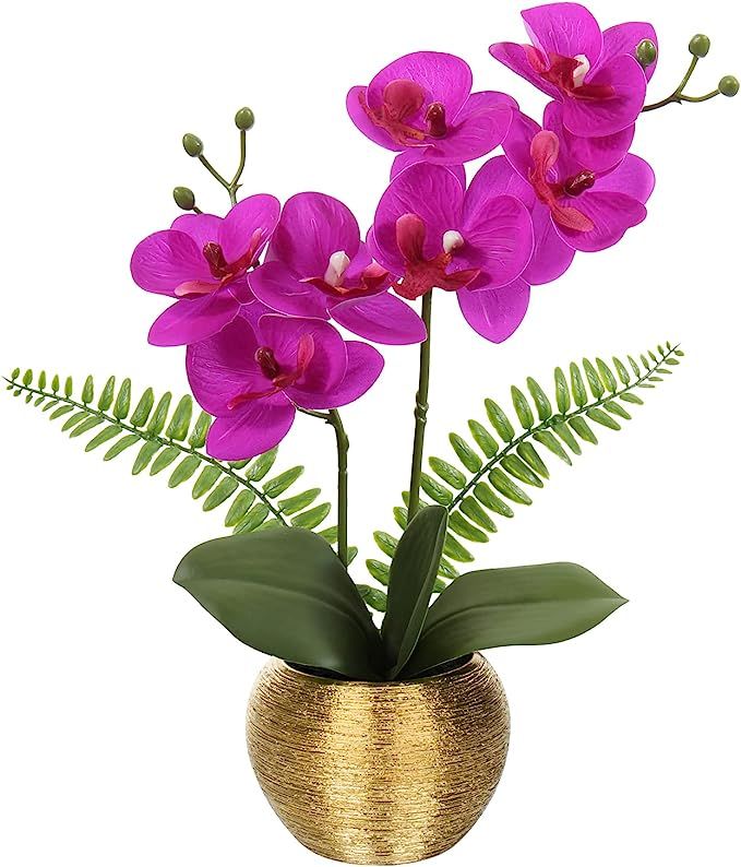 Fake Orchid Fake Plant, Purple Orchids Artificial Flowers with Gold Ceramic Vase Faux Orchid for ... | Amazon (US)