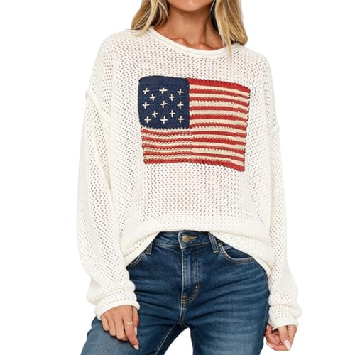 American Flag Sweater for Women Crochet Knit Long Sleeve USA Crewneck Sweatshirt Hollow Out 4th of July Sweater Tops (White,S) | Amazon (US)