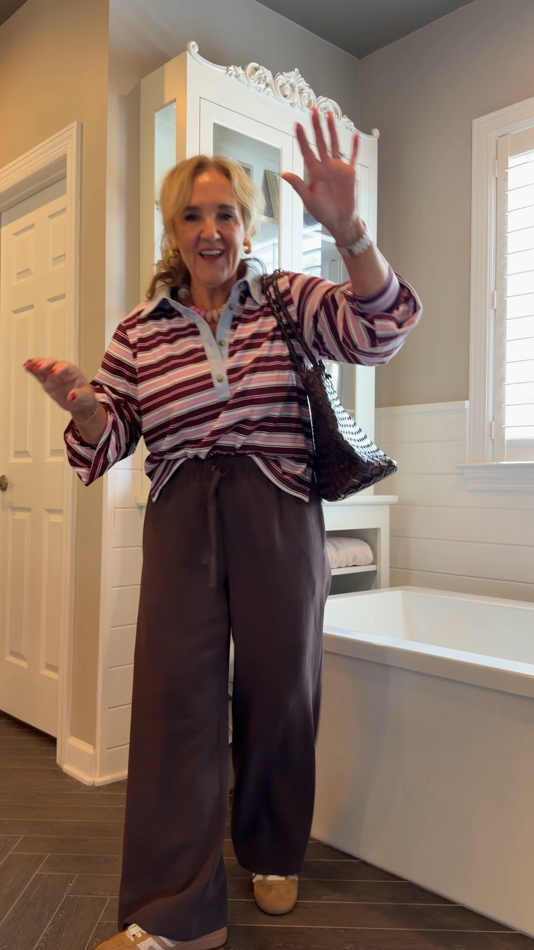 Aritzia pants styled carried for Sunday afternoon. Size med reg and I have them hemmed. 
Striped polo lightweight and oversized medium

#LTKOver40 #LTKootd #LTKPetite