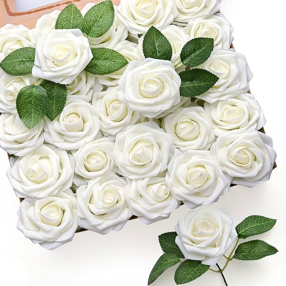 Mocoosy 50Pcs Artificial Flowers Rose, Ivory White Fake Roses for Decorations, Real Looking Foam ... | Amazon (US)