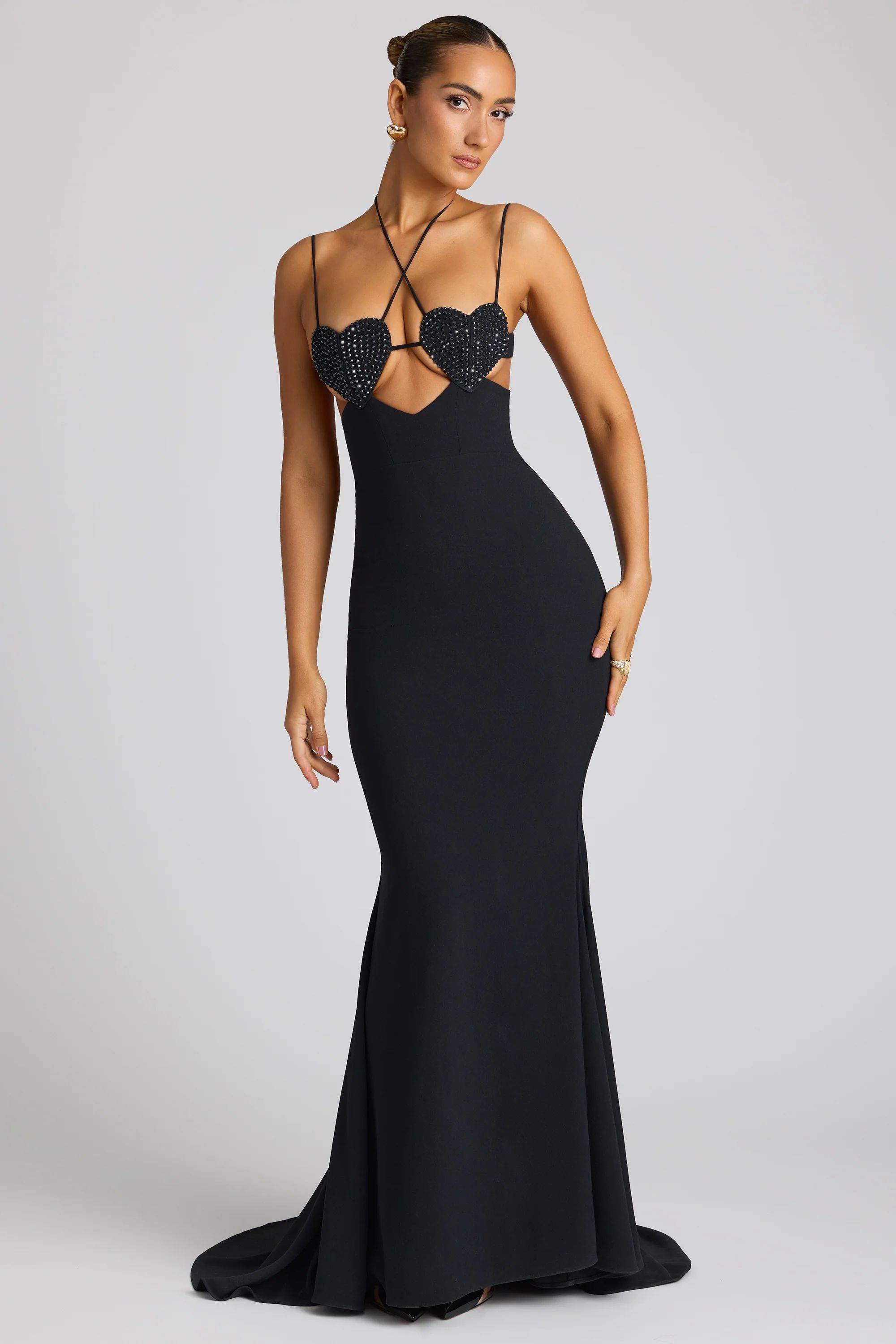Embellished Heart Cup Detail Evening Gown in Black | Oh Polly