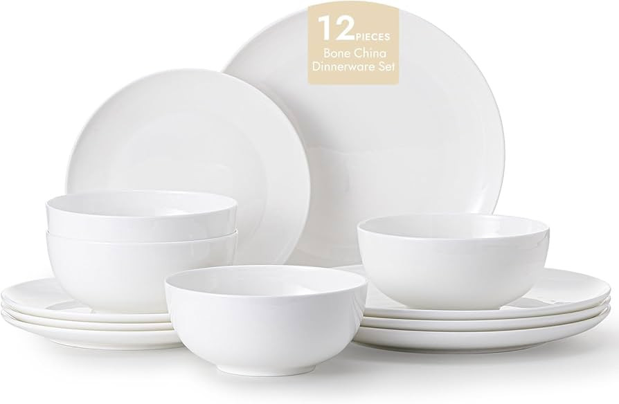 KINGSTONE 12-Piece Bone China Dinnerware Set for 4, Lightweight and Durable, Microwave and Dishwa... | Amazon (US)