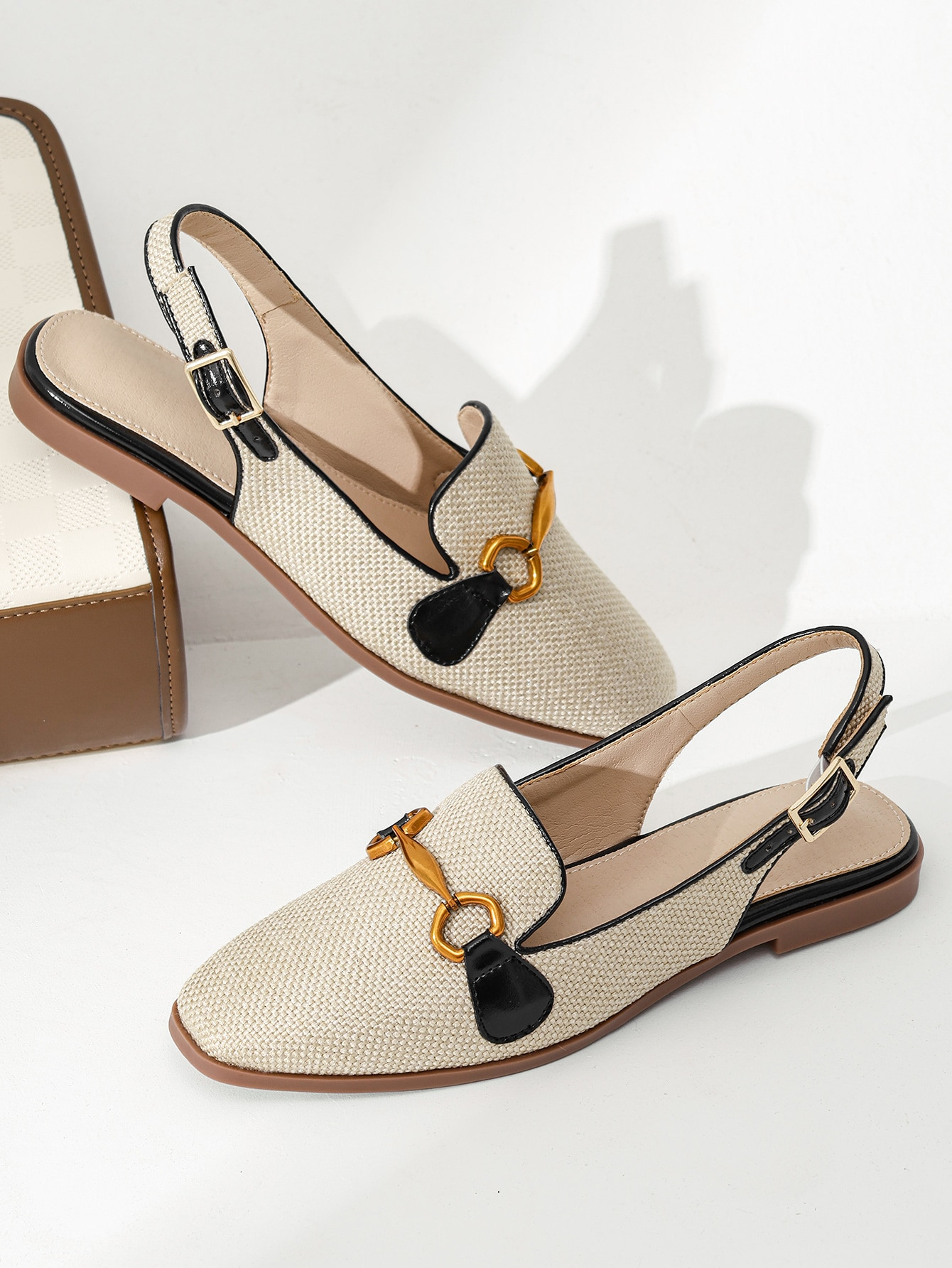 Fashion Apricot Flats For Women, Metal Decor Linen Slingback Flats | SHEIN