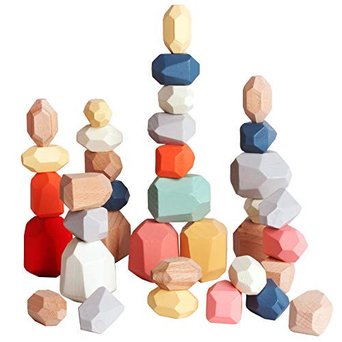 BESTAMTOY 36 PCS Wooden Sorting Stacking Rocks Stones,Sensory Toddler Toys Learning Montessori Toys, Building Blocks Game for Kids 3 4 5 6 Years Boy and Girl Birthday Gifts for Kids | Amazon (US)