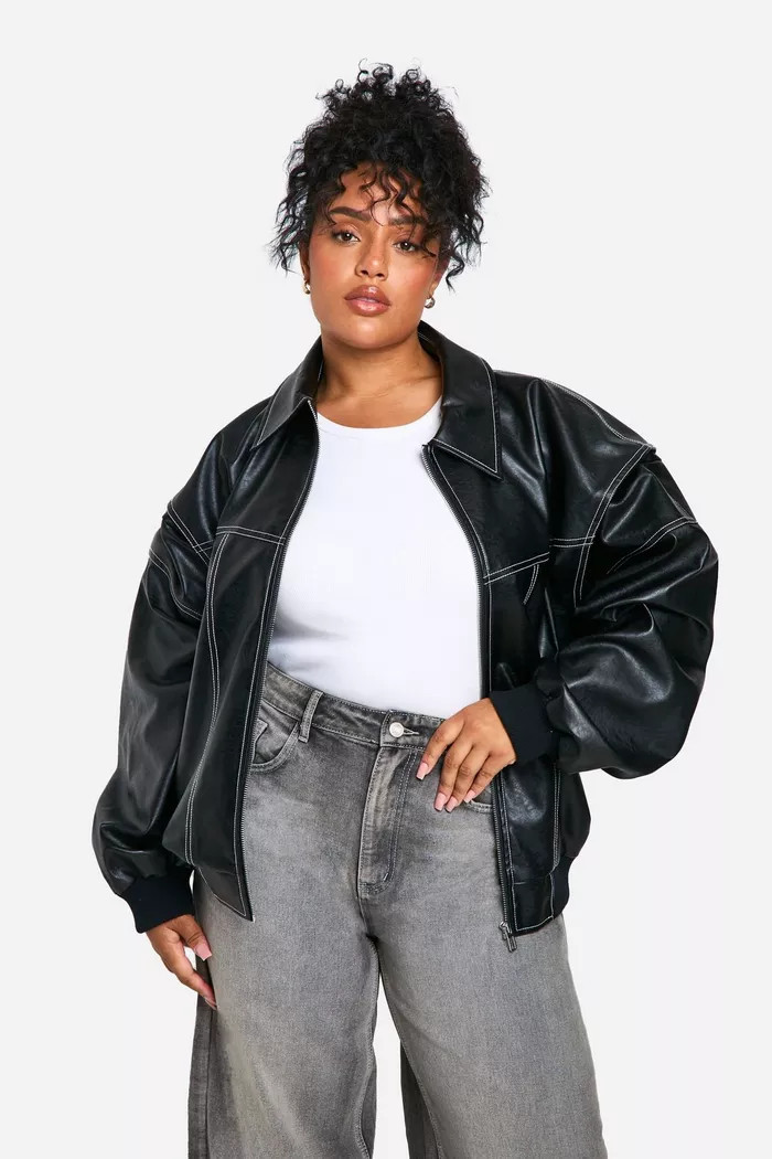 Plus Pu Contrast Stitch Oversized Bomber Jacket | boohoo (US & Canada)