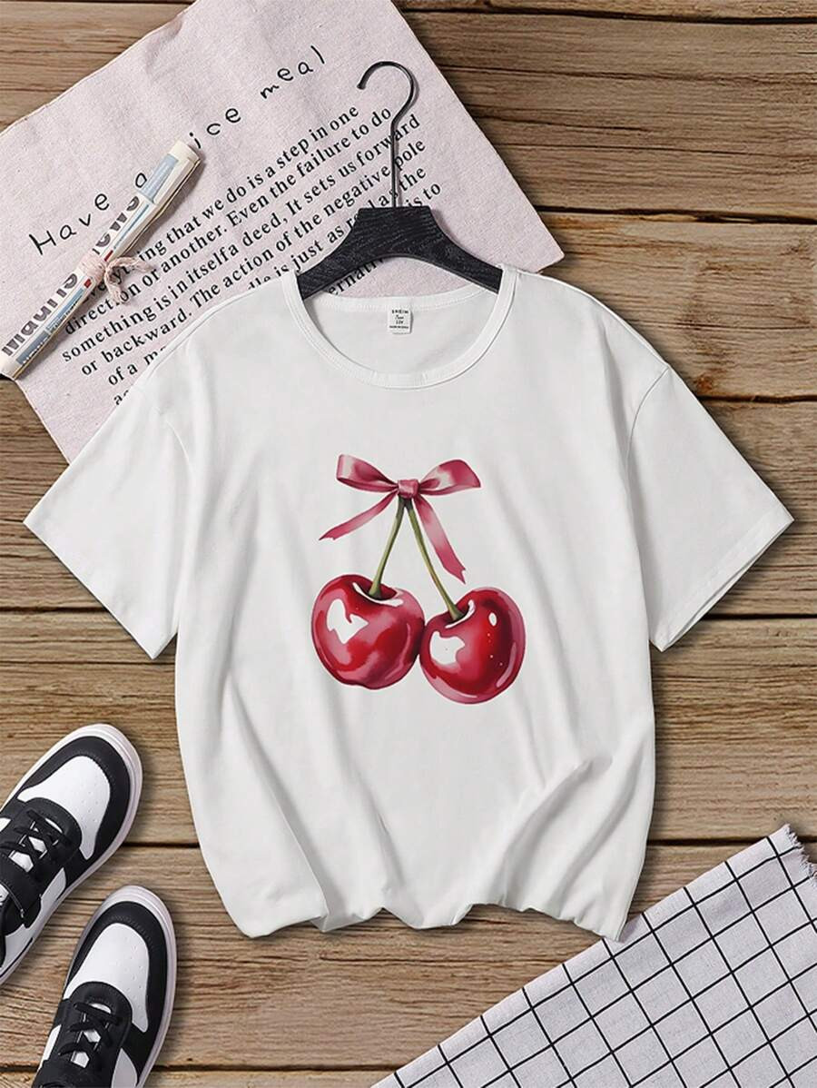 Tween Girl Cute Cherry Printed Casual Comfortable Top With Bowknot Summer Round Neck Short Sleeve... | SHEIN