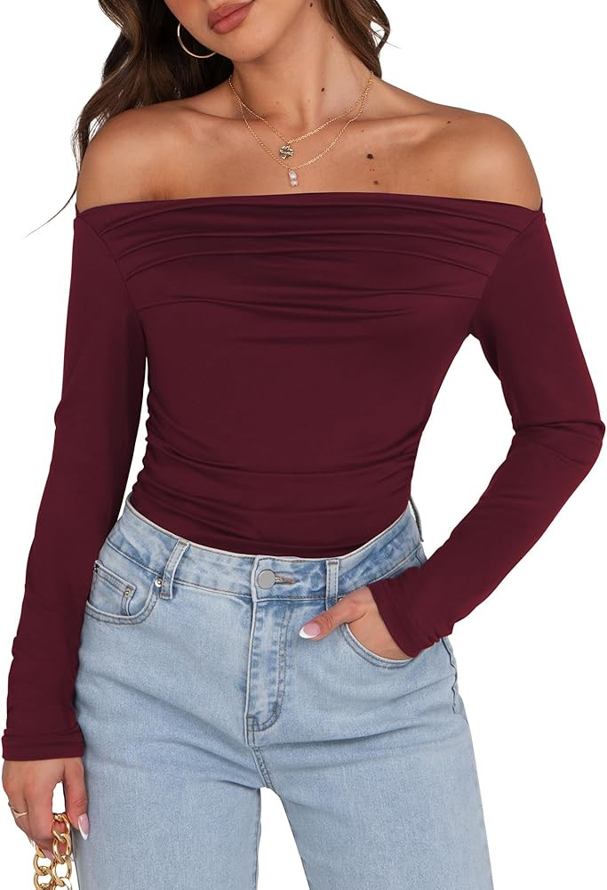 Sarin Mathews Women’s Off The Shoulder Tops Sexy Long Sleeve Shirts Y2K Ruched Slim Fit Going O... | Amazon (US)