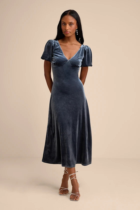 Obrissa Slate Blue Velvet Puff Sleeve Tie-Back Midi Dress | Lulus