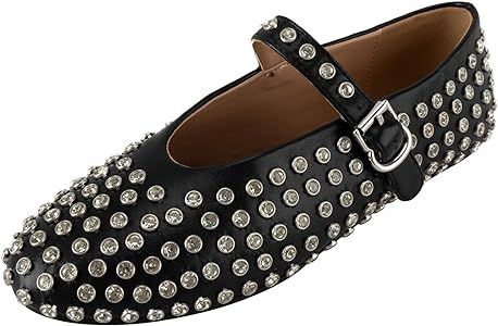 Rhinestone Flats for Women Crystal Studded Mary Jane Ballet Flats Shoes Buckle Strap Sparkly Casu... | Amazon (US)