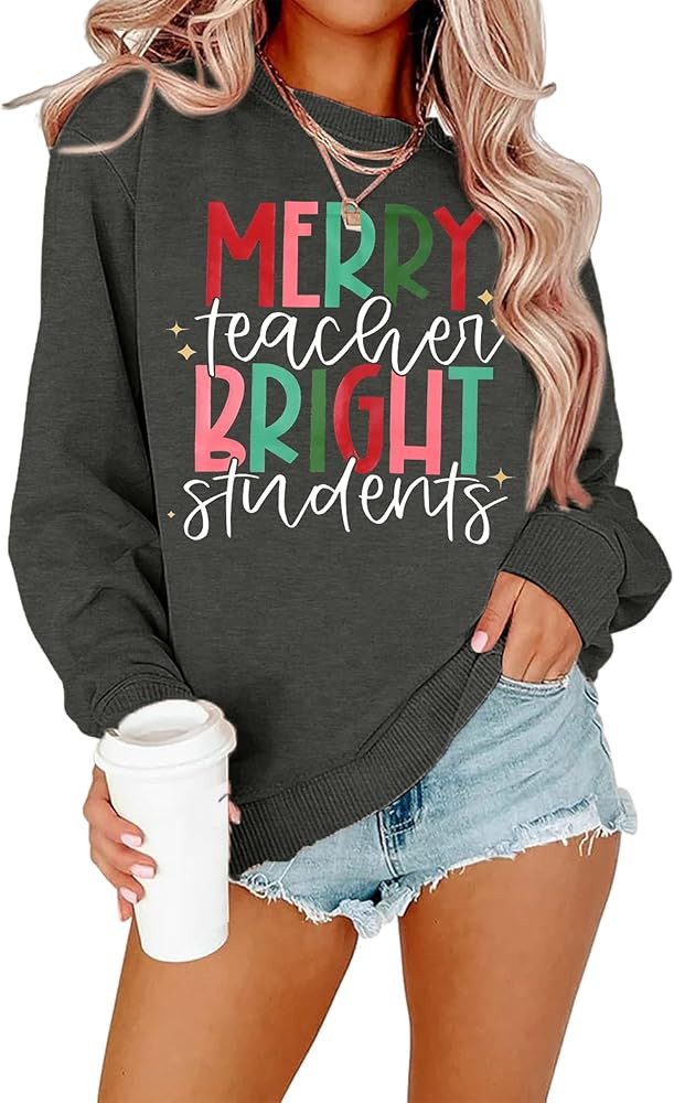 Christmas Teacher Sweatshirt Women Merry Bright Graphic Print Sweatshirt Christmas Crewneck Vacat... | Amazon (US)