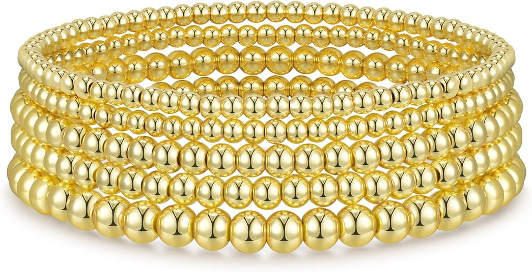 Gold Bracelets for Women Gold Bracelet Stack Gold Beaded Bracelets for Women 14K Gold Plated Stre... | Amazon (US)