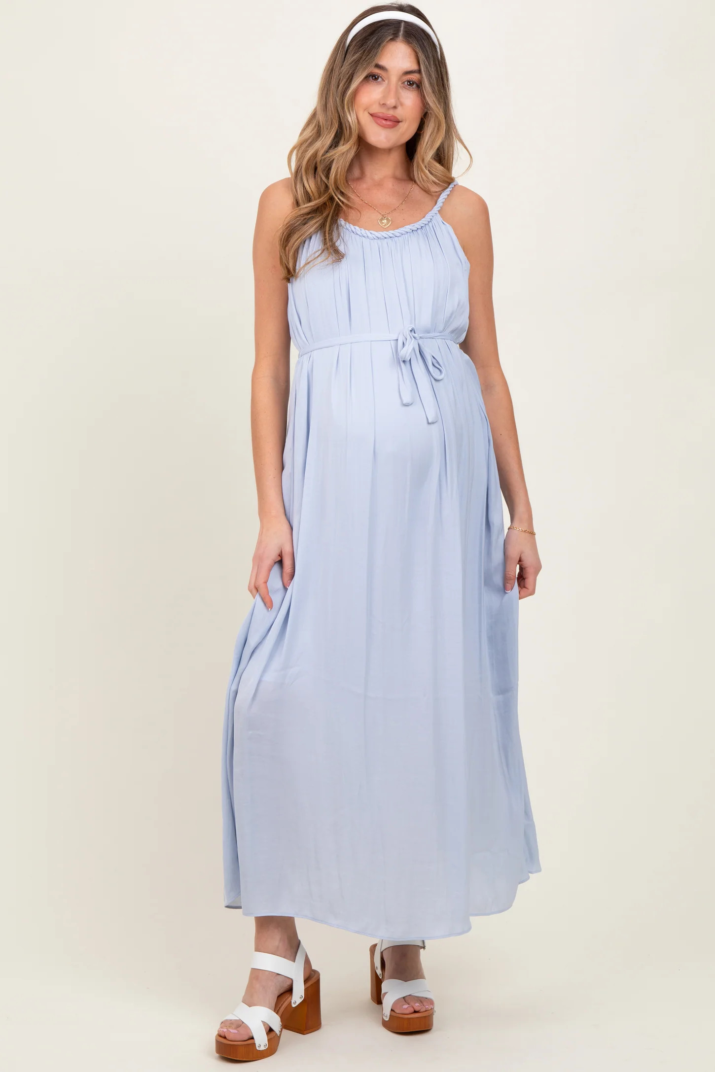 Light Blue Braided Neckline Maternity Maxi Dress | PinkBlush Maternity