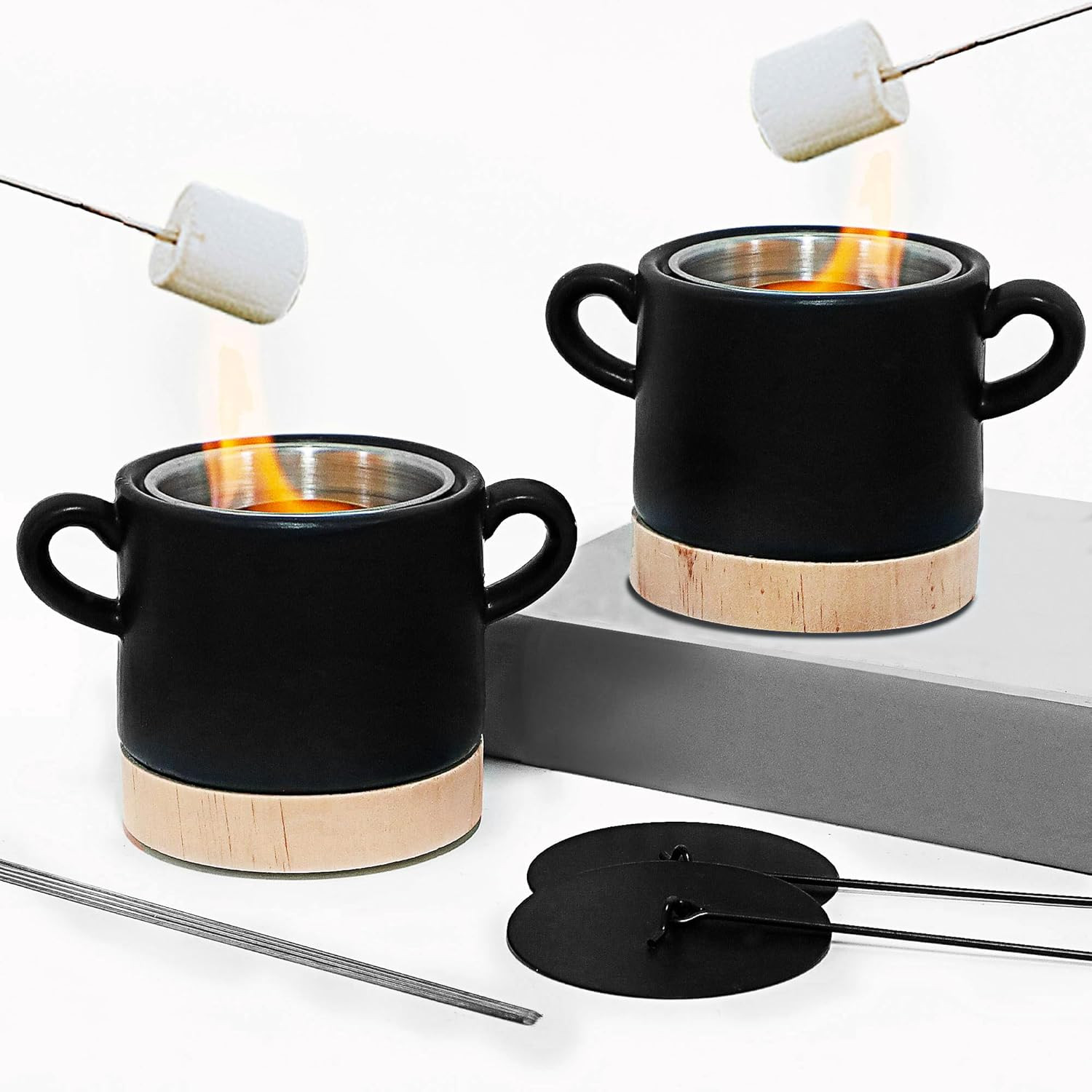 Joliyoou 2 Packs Tabletop Fire Pit Bowl Set, Dual Handles Ceramic Smores Maker with 4 Iron Sticks... | Amazon (US)