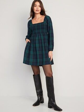 Fit & Flare Plaid Smocked Cutout Seersucker Mini Dress for Women | Old Navy (US)