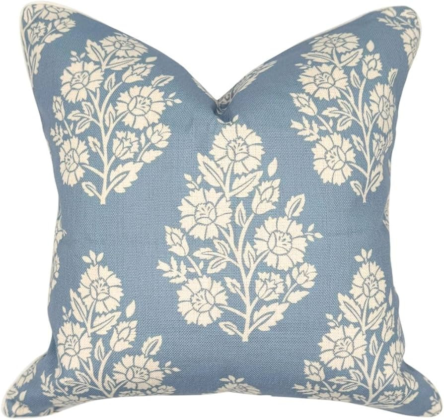 "The Hazel Bright Blue White Floral Pillow Cover Grandmillennial Home Decor Blockprint Pillow Cov... | Amazon (US)