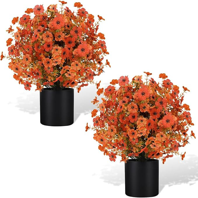 Artificial Fall Flowers in Pot, 2 Pack | UV Resistant | Fake Mums Bushes Floral Plants 24” for ... | Amazon (US)