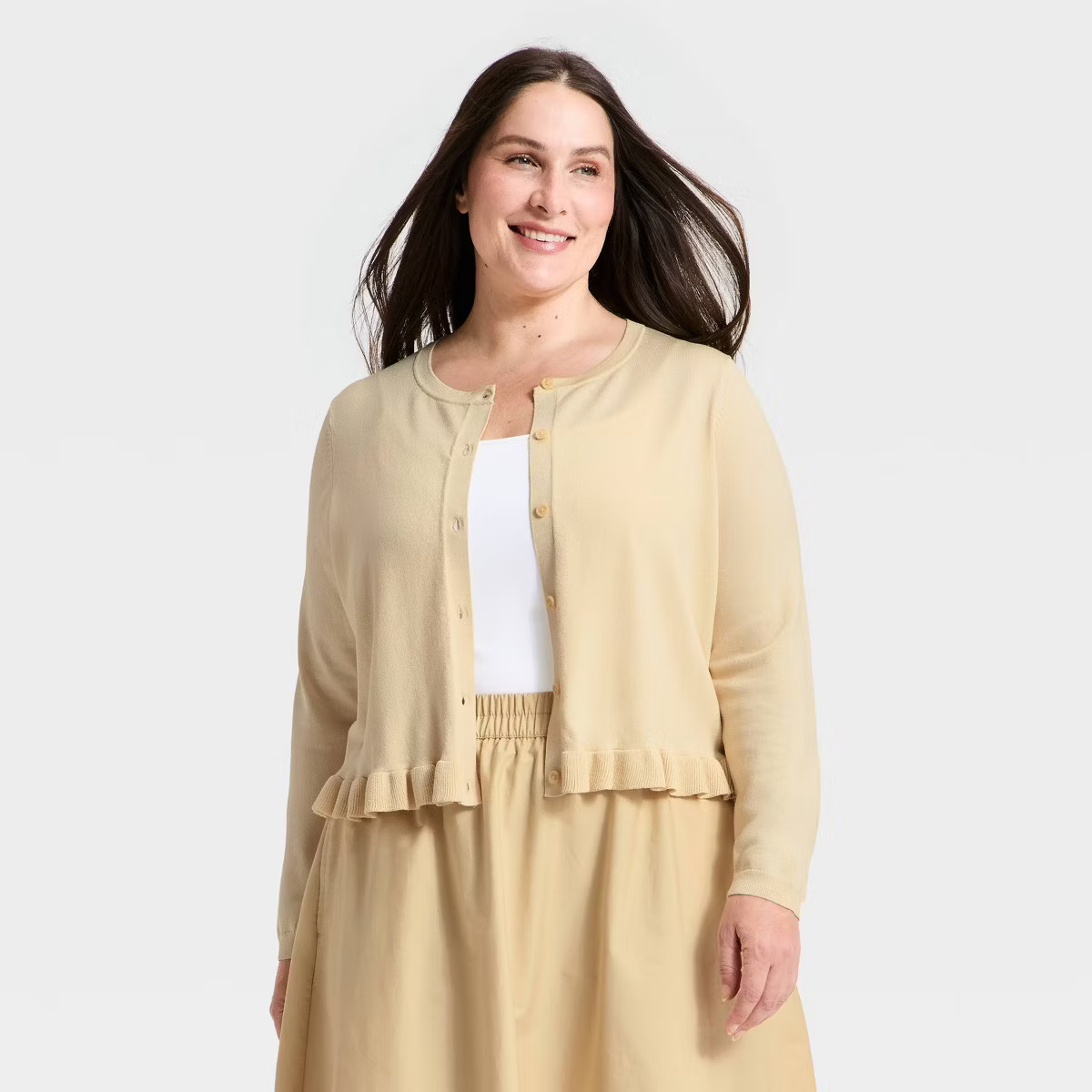 Women's Long Sleeve Button-Up Ruffle Hem Cardigan - A New Day™ Ivory XXL | Target