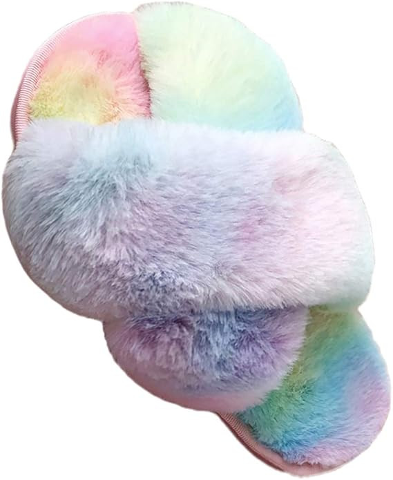 LightFun Girl's Fuzzy Fluffy Furry Slippers Fur Flip Flop Open Toe Slippers Cross Band Shoes Slid... | Amazon (US)