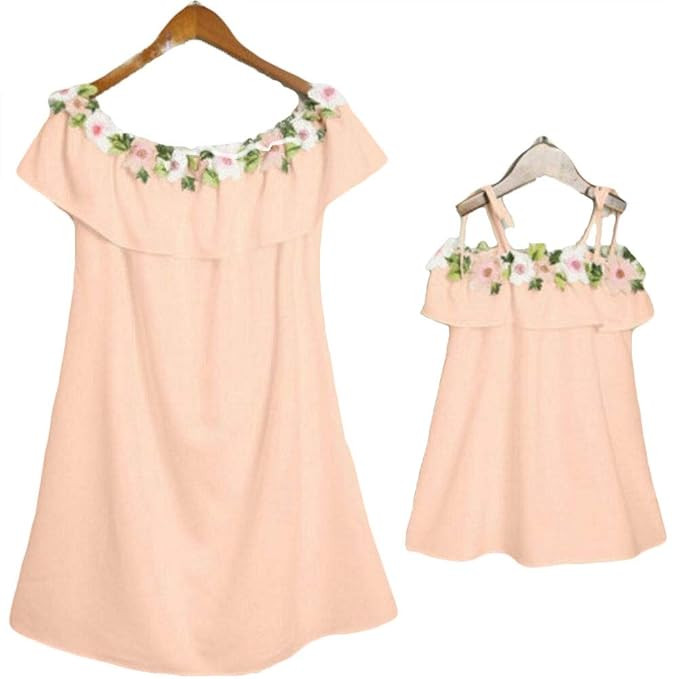 Off Shoulder Ruffle Dress Mommy and Me Family Matching Floral Mini Dress Sleeveless Short Skirt | Amazon (US)
