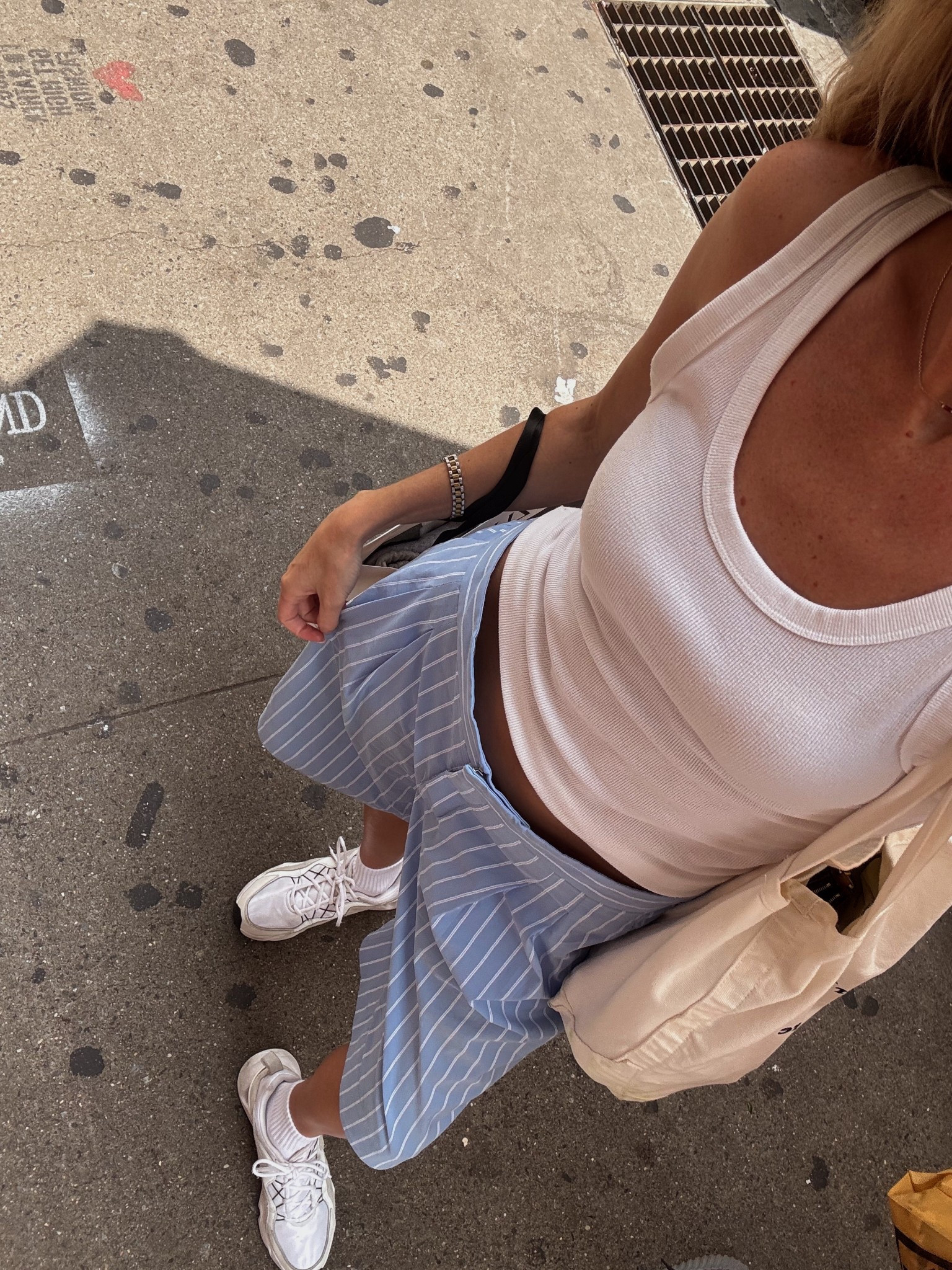 errands outfit 

summer style , street style , New York City style , Bermuda shorts , pinstripes , white tank 